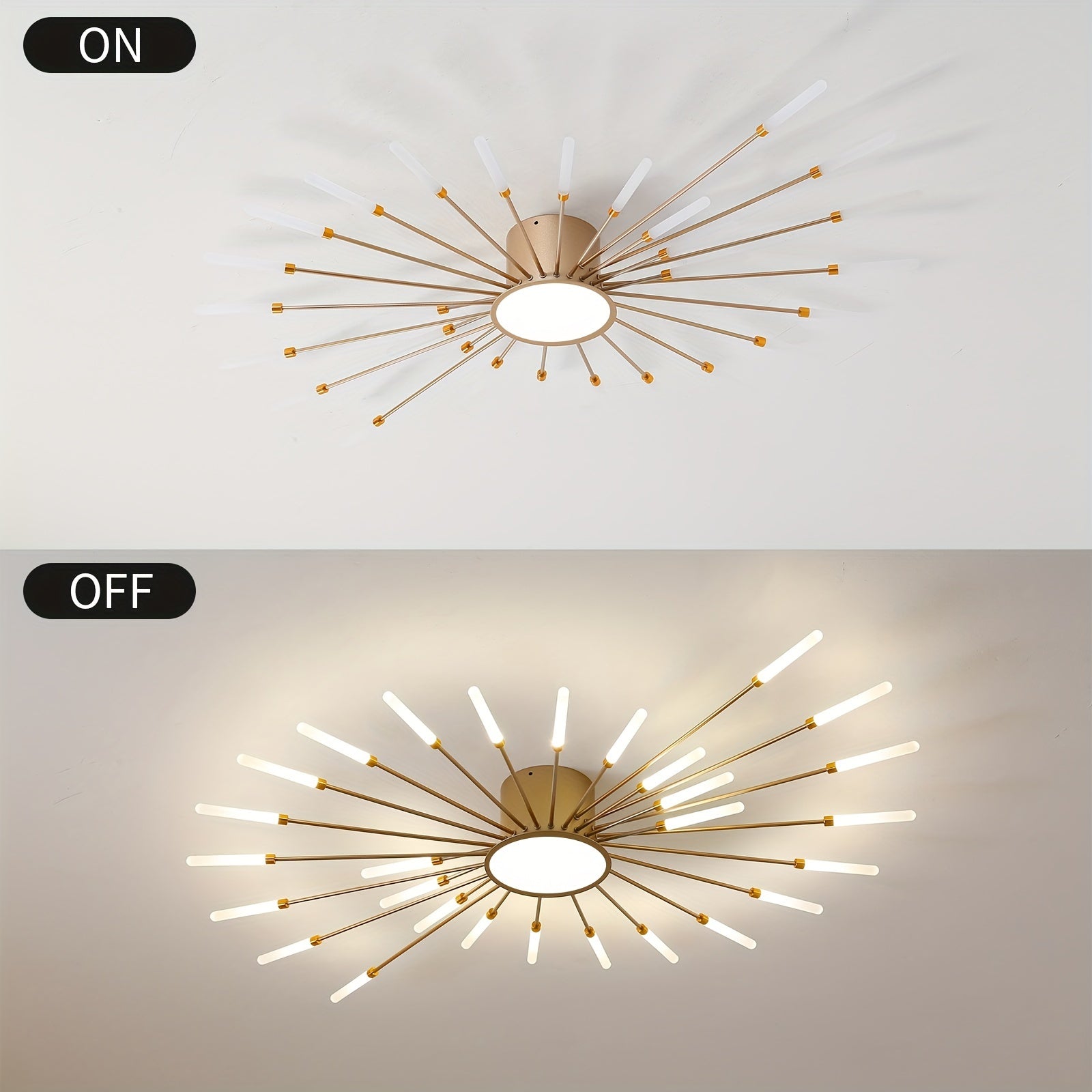 Side-by-side comparison of the gold sputnik flush mount ceiling light shown in both lit and unlit modes