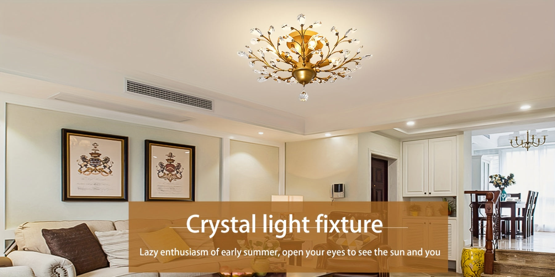 Spacious open-concept room with classic decor, soft ambient lighting, and a centrally mounted Golden crystal ceiling light fixture