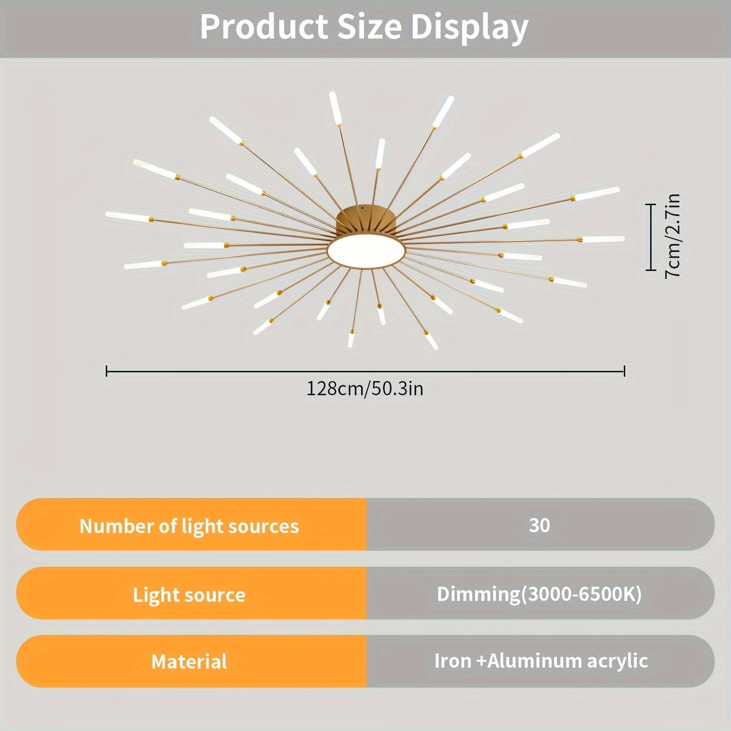 Overview of dimensions and features for a sputnik ceiling light for bedroom including slim profile and 30 light points