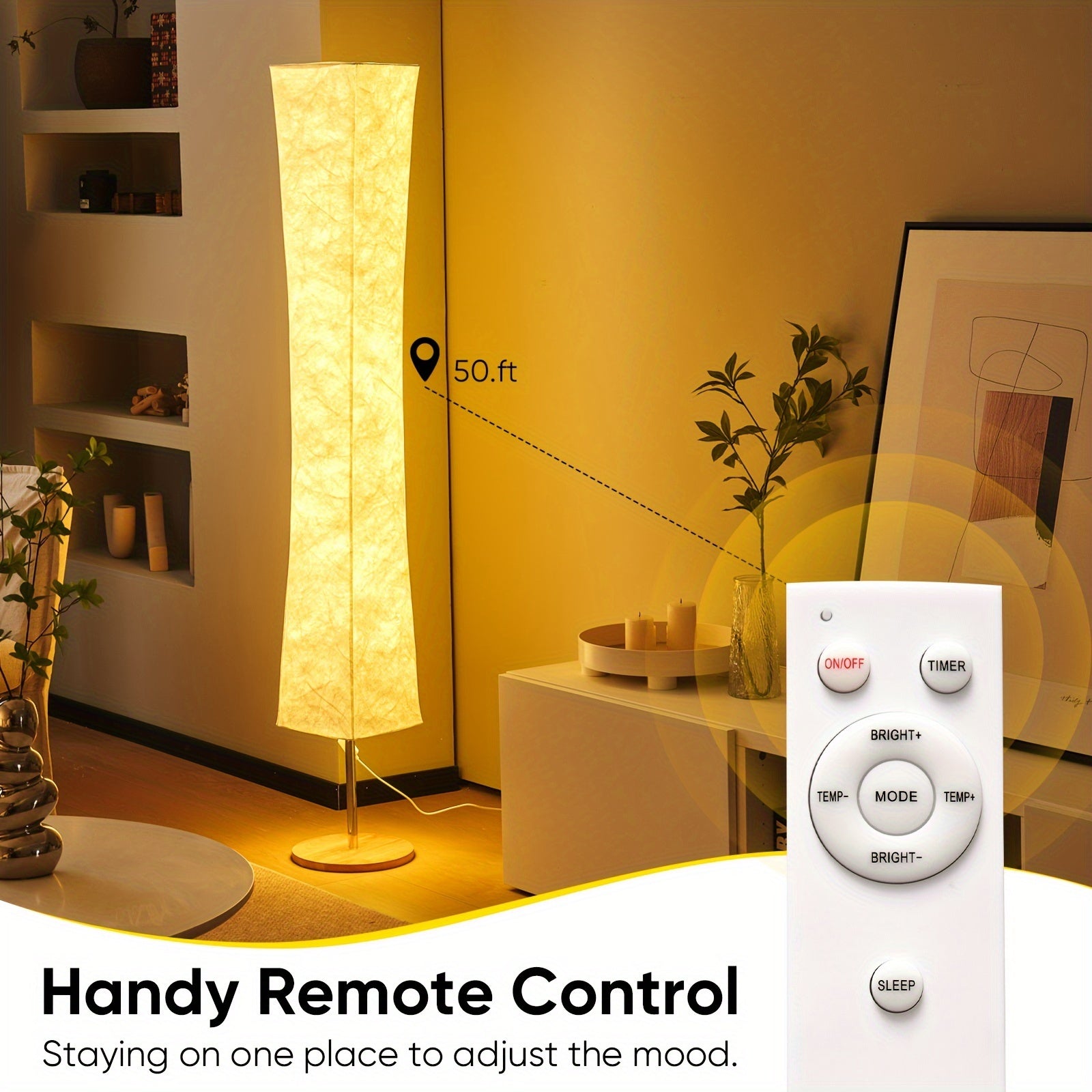 Standing lamp with fabric shade and wood base, controlled remotely up to 50ft for brightness, color, and timer adjustments