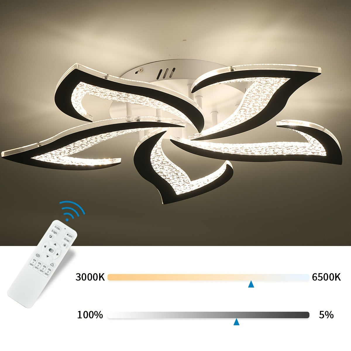 Five-petal flower-shaped ceiling fixture with adjustable brightness and color temperature, featuring built-in LED lighting and remote control