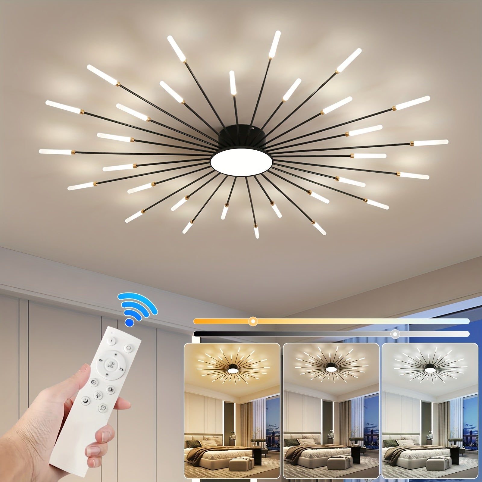 Black sputnik ceiling light for bedroom with remote-controlled dimming and adjustable lighting tones