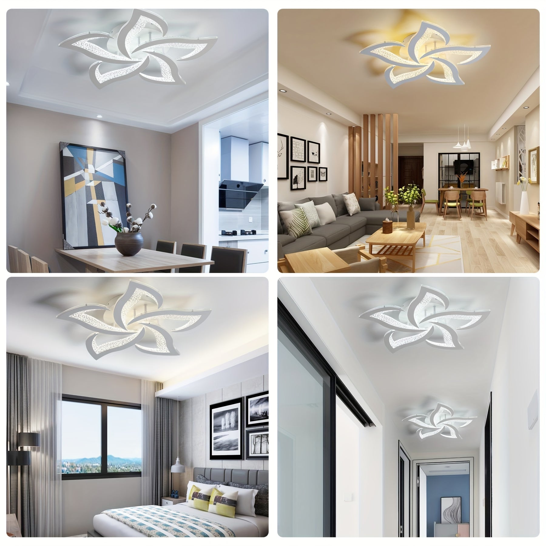 Versatile LED ceiling light with floral design shown installed in multiple spaces, such as a kitchen, bedroom, corridor, and lounge area
