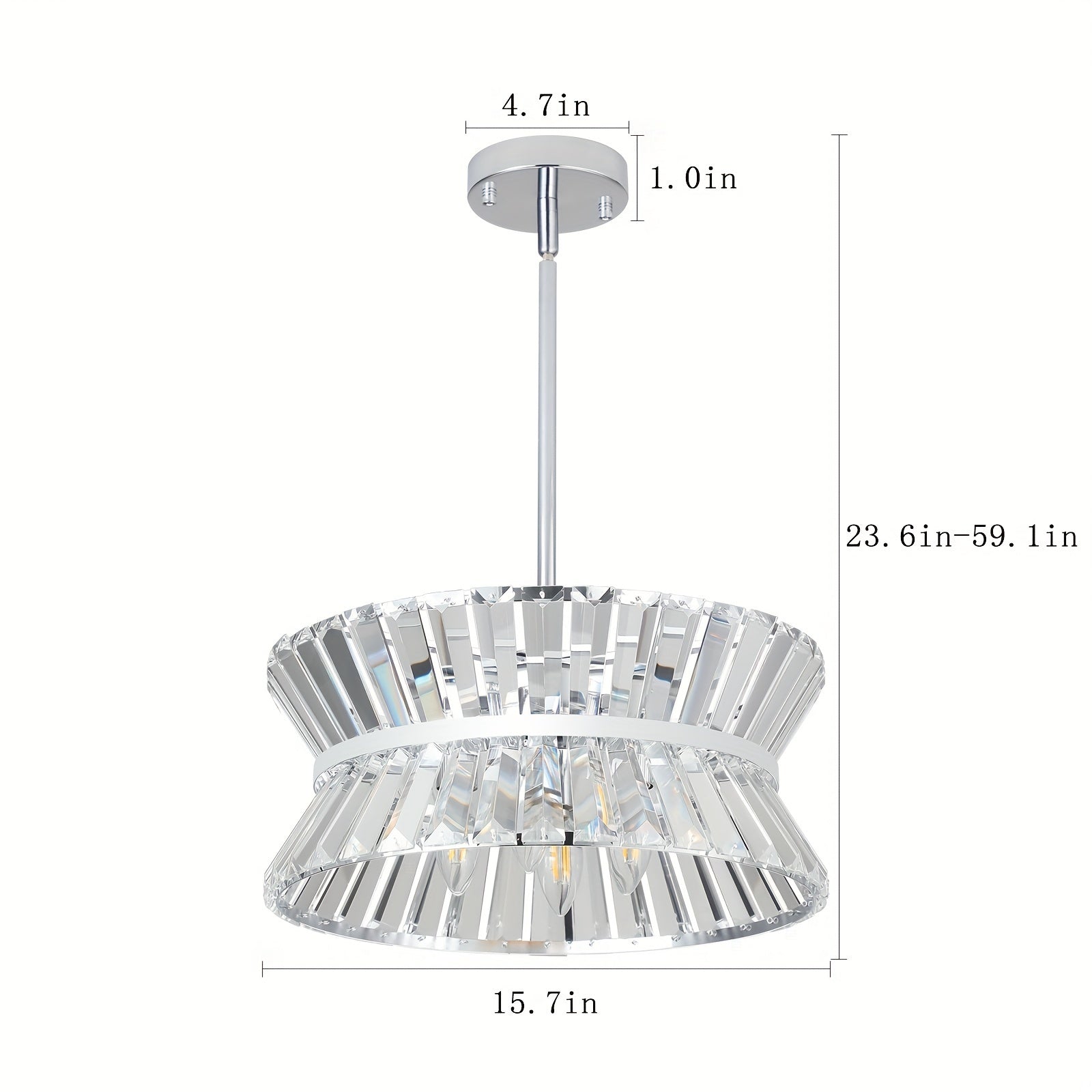 Detailed dimension diagram of a semi flush crystal chandelier showcasing its modern chrome ceiling mount and adjustable height design with a sleek crystal structure