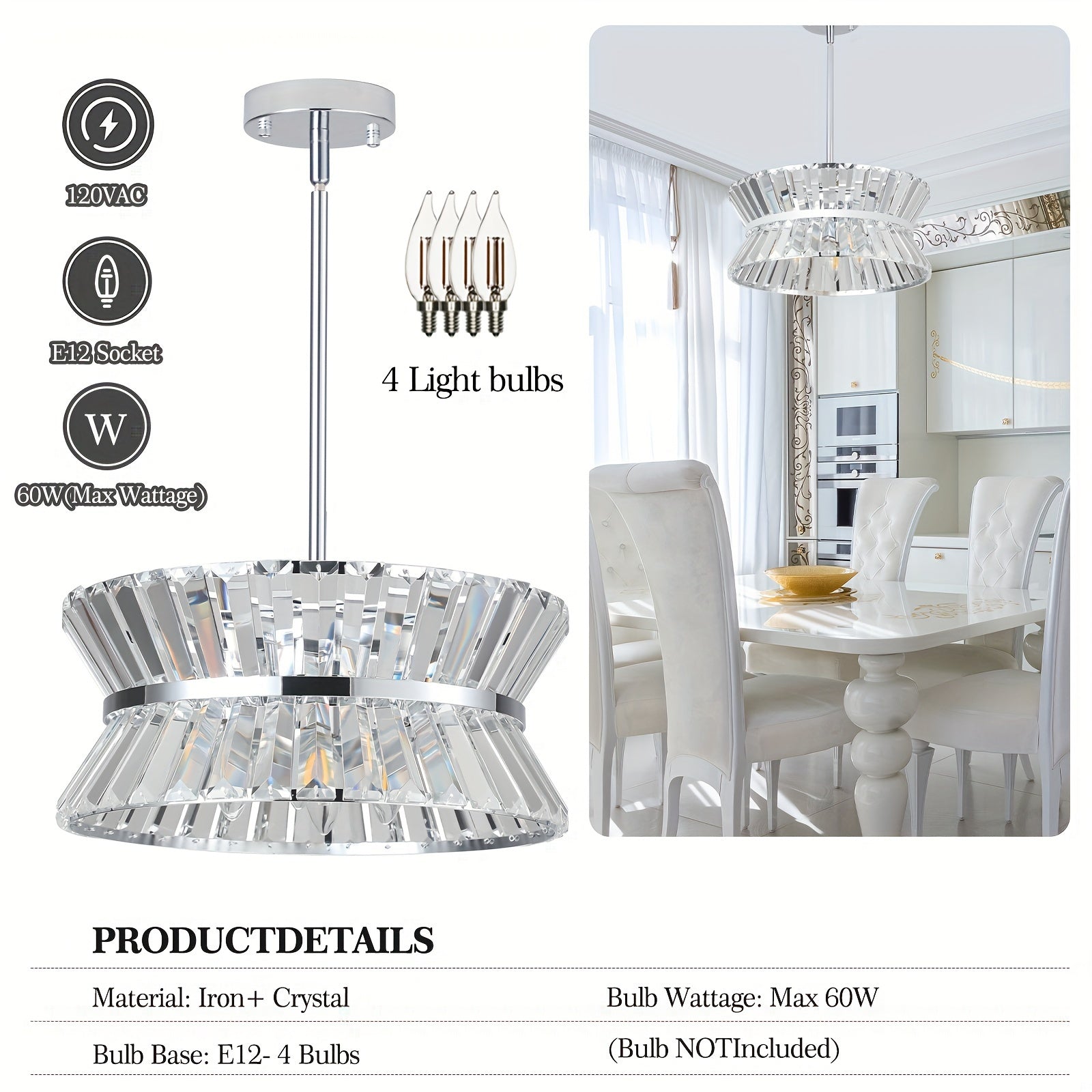 Semi flush crystal chandelier with E12 base for 4 bulbs, shown with technical specs and installed in a luxurious dining room with white furniture