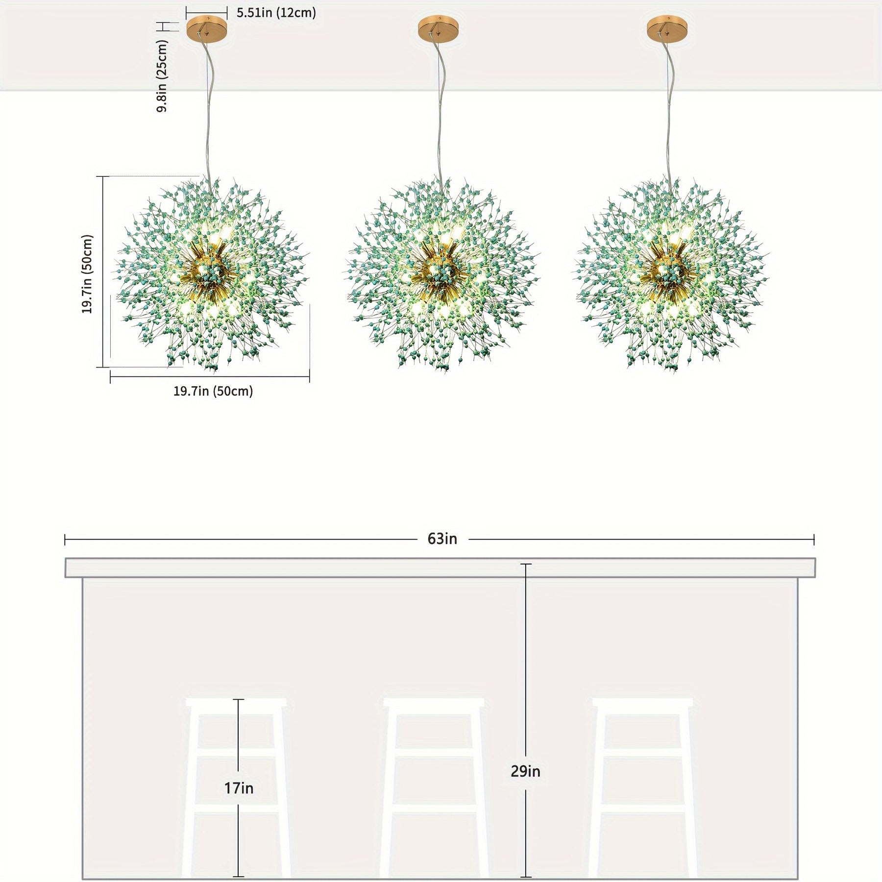 Three suspended dandelion-style light fixtures with labeled measurements above a counter and stools, showing spacing and height dimensions