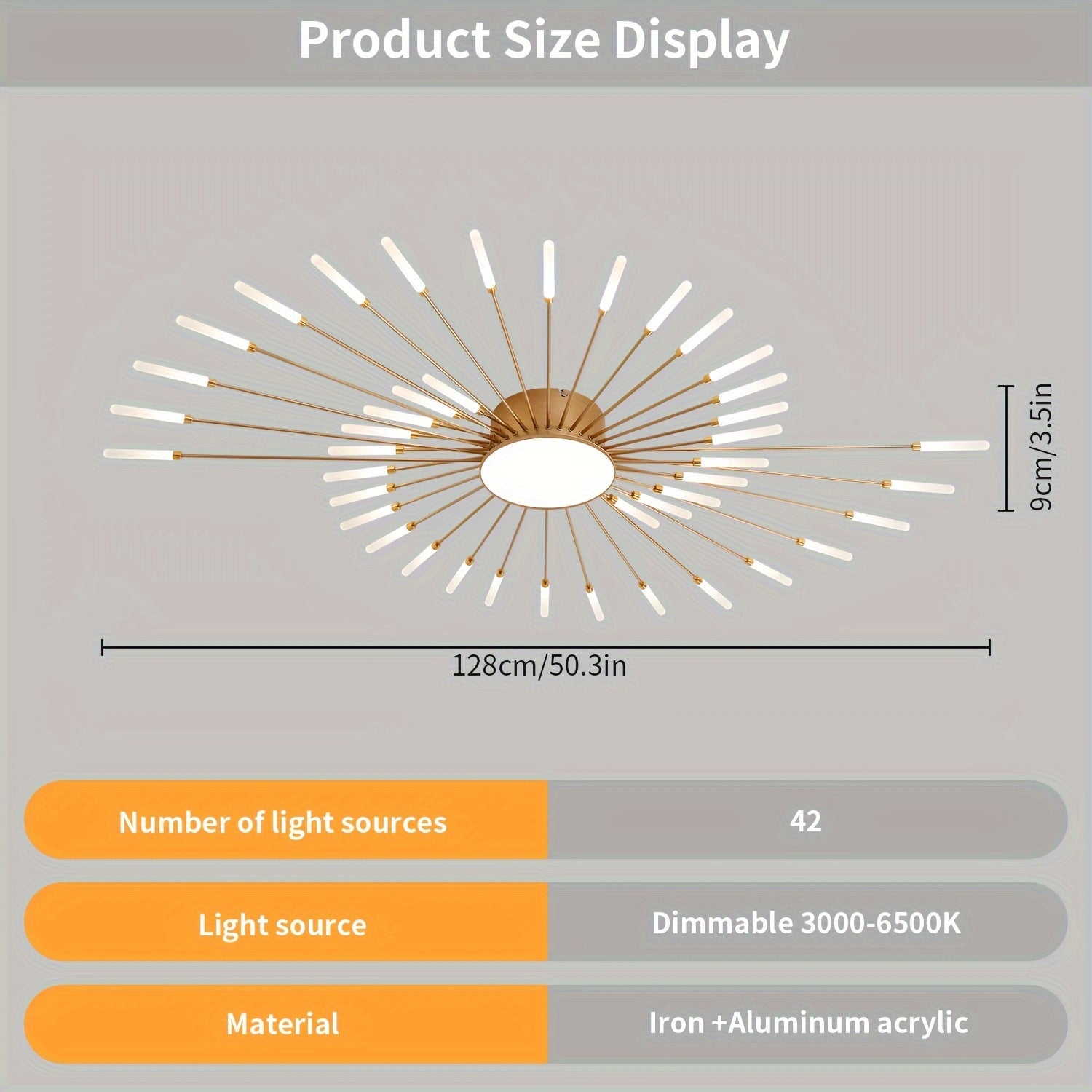 Measurement and specs of the gold sputnik flush mount ceiling light with 42 light sources, dimmable lighting, and iron aluminum acrylic build