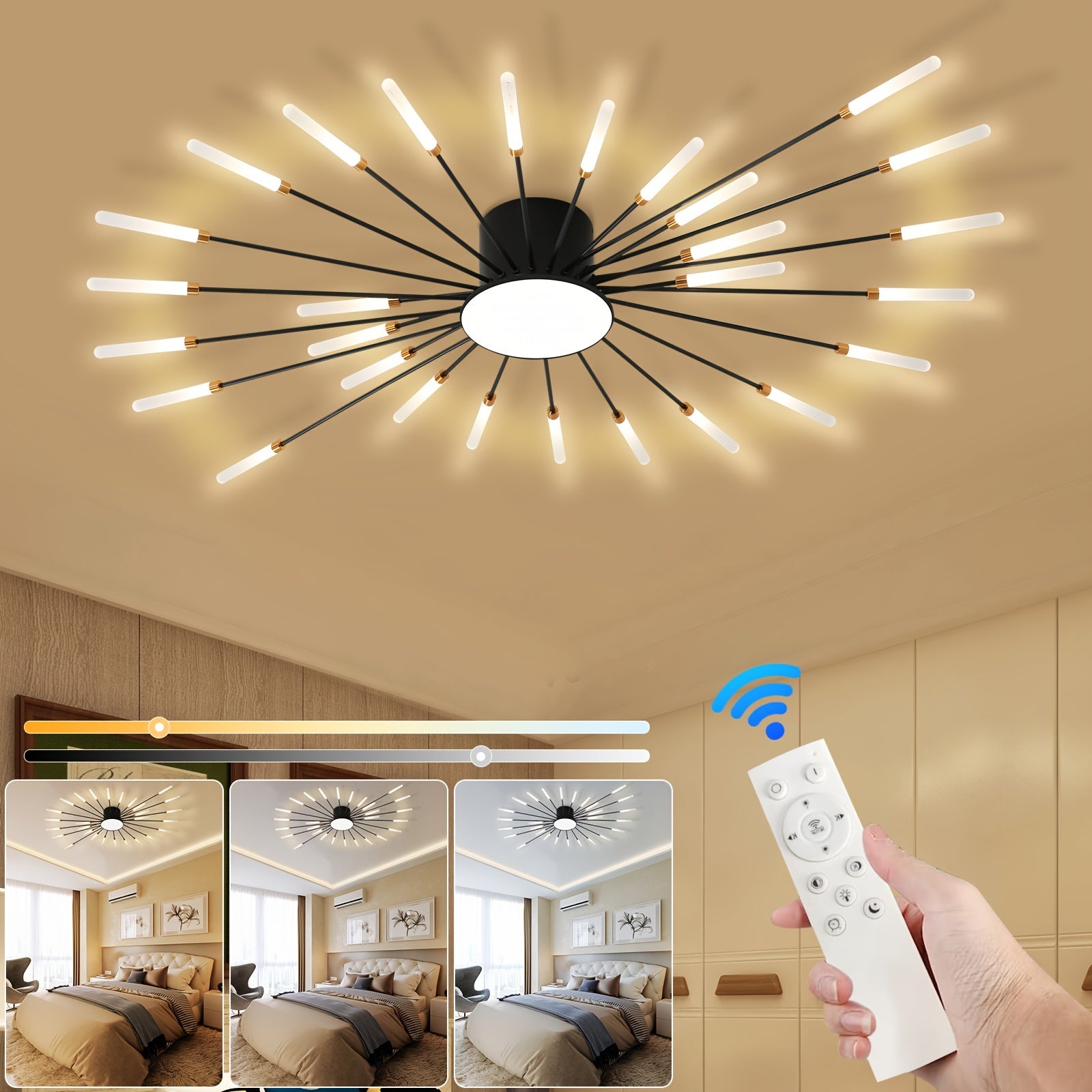 Remote-operated black sputnik flush mount ceiling light with adjustable brightness and color tones, shown across different room settings