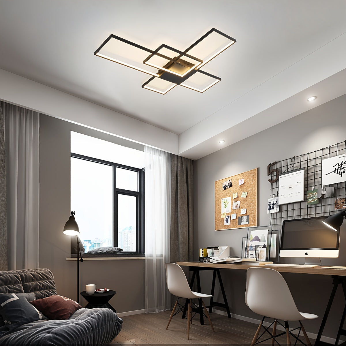 Stylish study area featuring a black-frame LED ceiling light, dual chairs, a wooden desk, and pinboard decor under soft natural window light