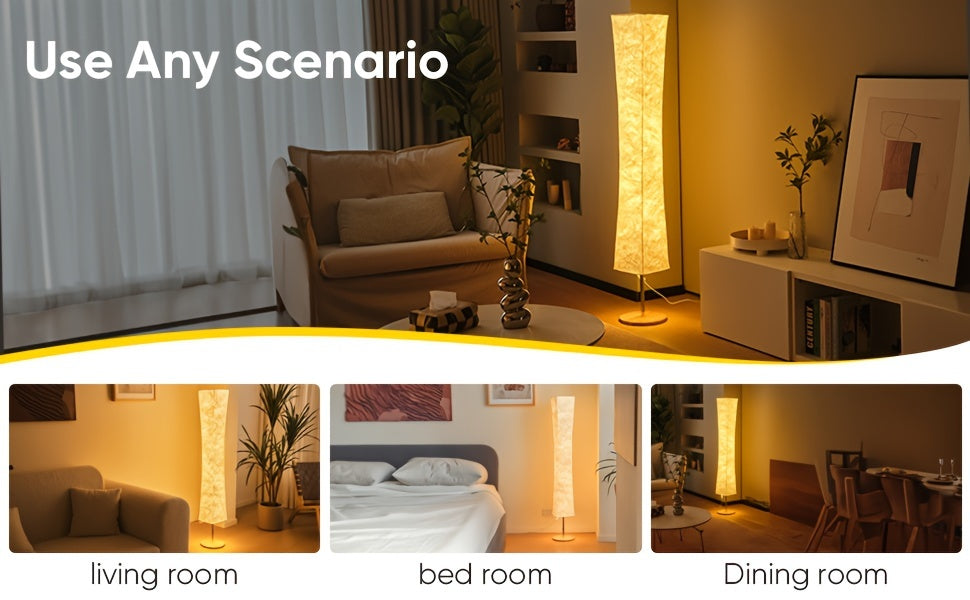 Floor lamp demonstrated for use in various scenarios, including living room, bedroom, and dining room settings