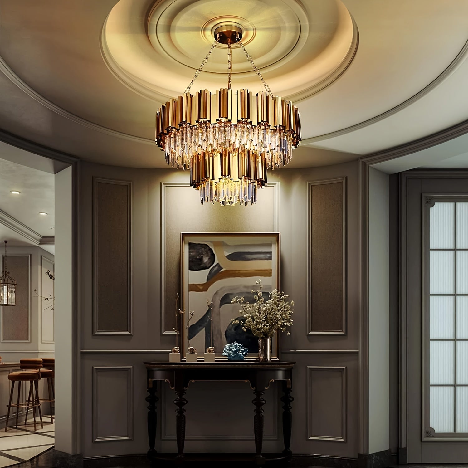 Stunning Walt chandelier with 17 lights, featuring golden crystal tiers, perfectly suited for a grand entryway or hall.