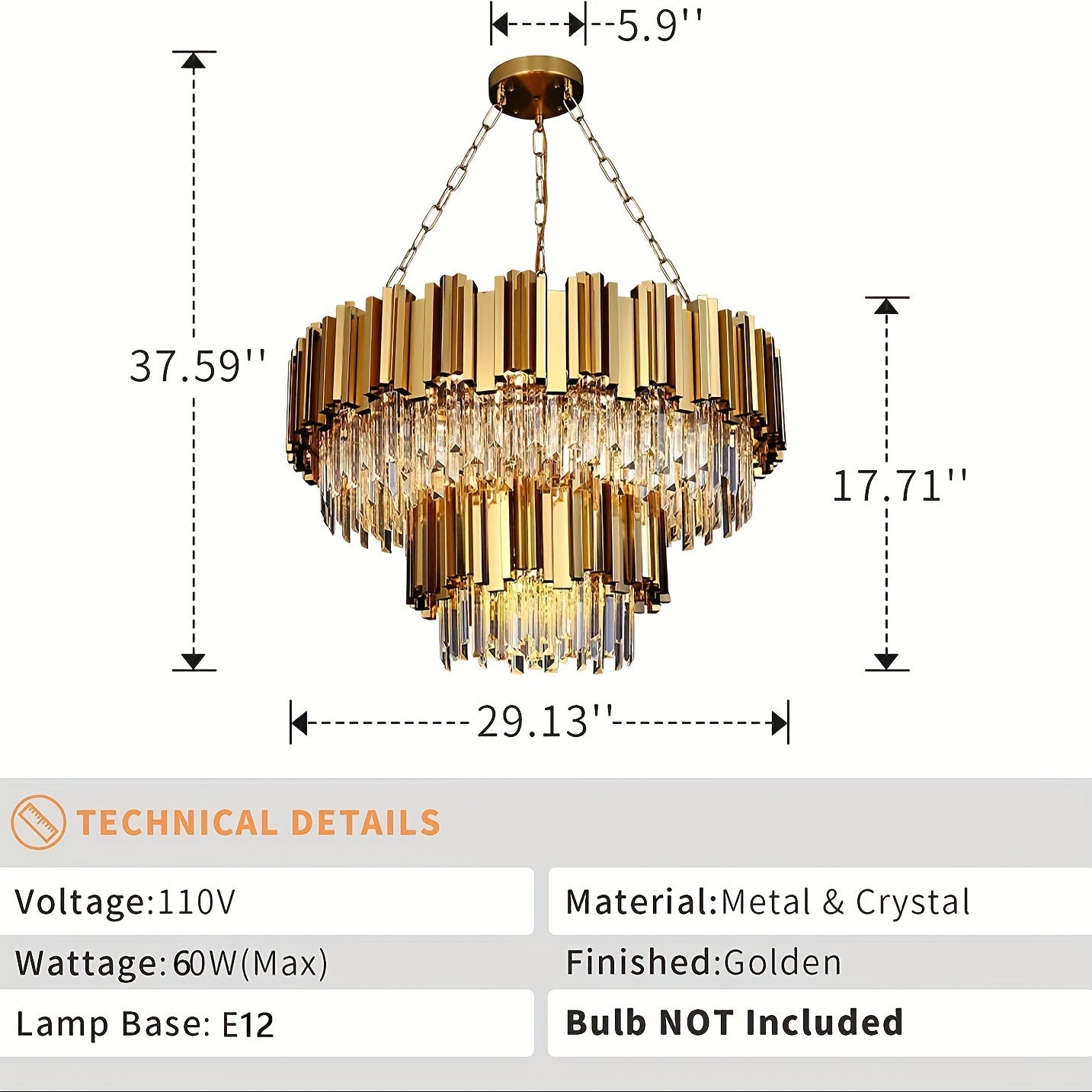 Detailed view of the Walt 17-light golden crystal chandelier, highlighting its dimensions and voltage, and material composition.