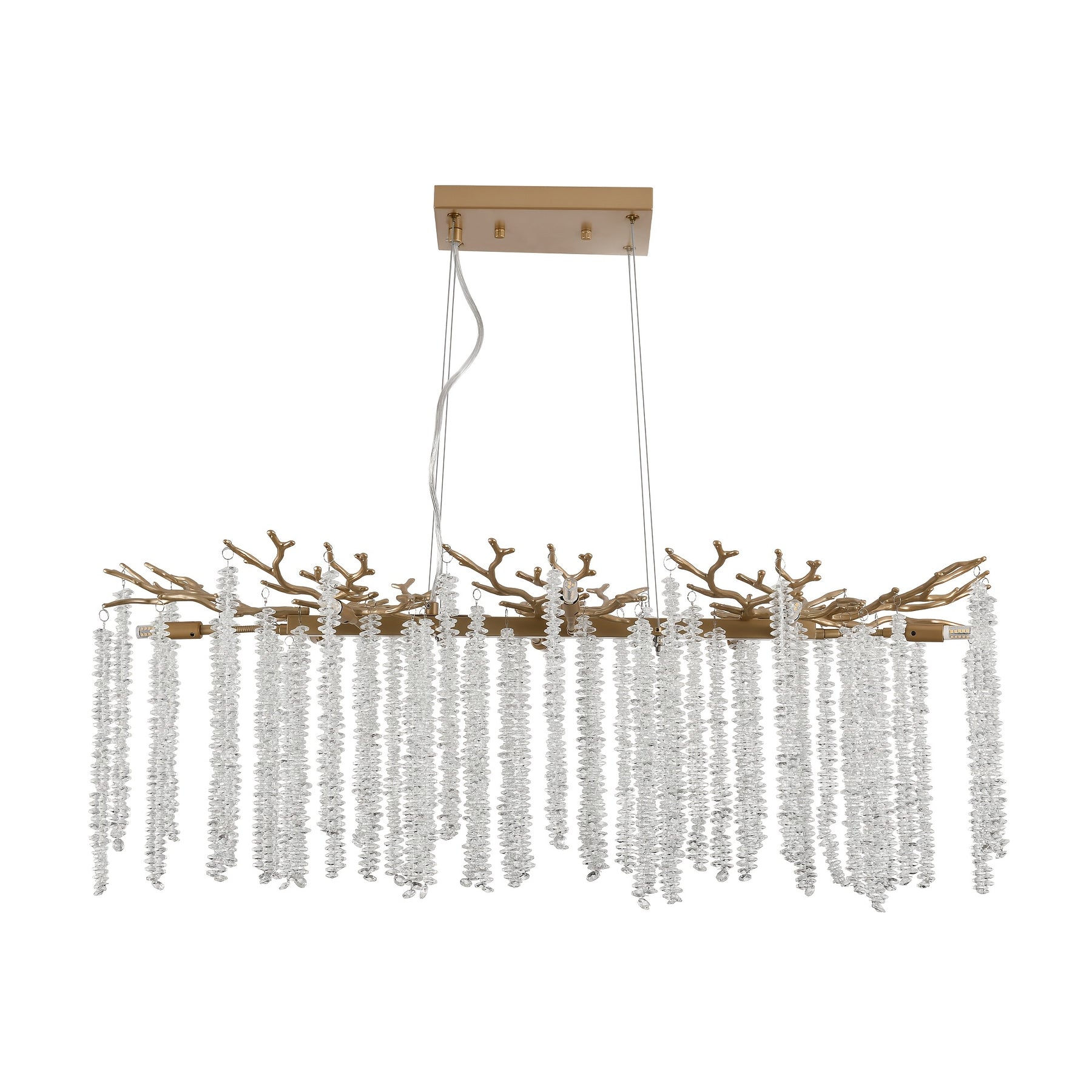 Branch-style chandelier featuring a gold frame and crystal strands, presented on a white background for elegant space lighting