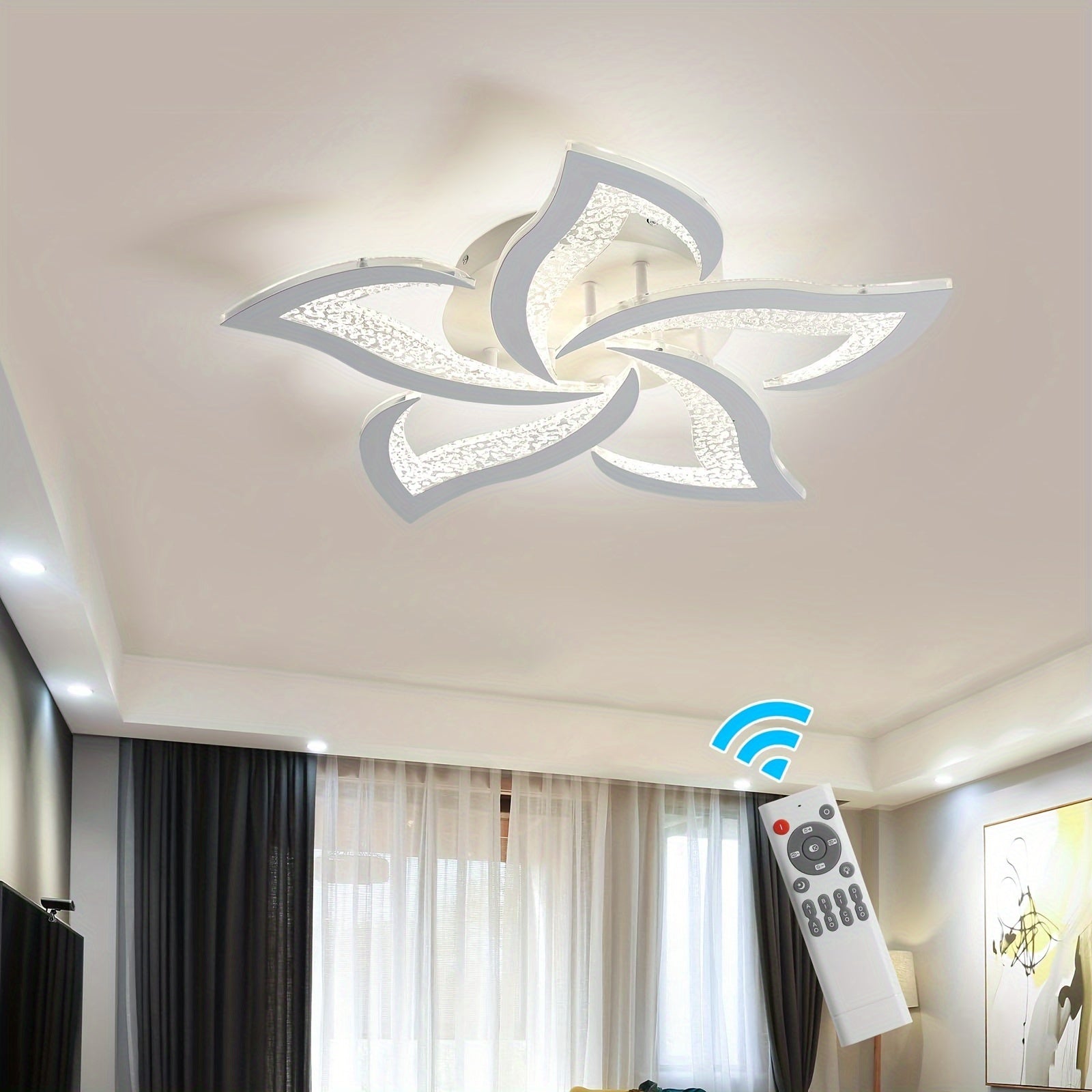 Modern ceiling light with curved acrylic blades, illuminated in a floral pattern and controlled by a wireless remote for lighting adjustments