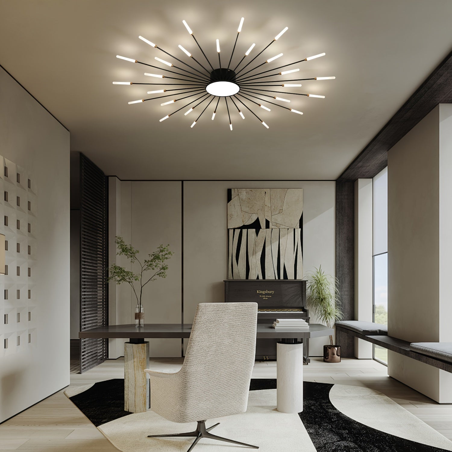 Stylish home setting with a sputnik ceiling light for bedroom above a minimalist desk, neutral chair and abstract wall art near tall windows
