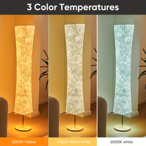 Showcasing three adjustable color temperatures, this modern, tall floor lamp offers 3000K yellow, 4500K warm white, and 6000K crisp white for indoor settings
