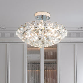 Mounted on the ceiling, this lighting piece showcases soft illumination through sparkling glass droplets in a close-up view