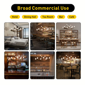 Stylish chandelier with glass globes and branching arms used in hotels, cafés, bars, dining halls, and tea rooms for versatile commercial lighting