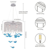 Detailed dimensions, bulb compatibility, and ceiling mounting options shown for a butterfly light fixture with adjustable height and E12 socket