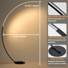 Modern arched floor lamp displaying its dimensions and key features, including high-quality LED beads, a durable silicone lampshade, and a stable pure iron base