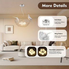 Bird nest pendant light with solid mount, wing detail, and adjustable warm lampshades shown in a modern living room