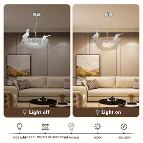 Side-by-side lighting comparison in a modern living room featuring a pendant fixture styled like a bird nest with warm ambient glow