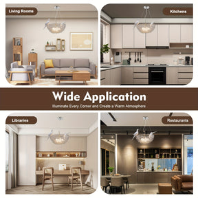 Pendant light styled like a bird’s nest shown in living room, kitchen, library, and restaurant settings to highlight wide application