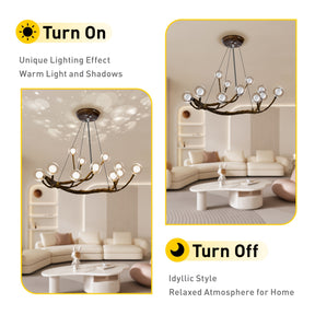 Lighting comparison of a globe chandelier with branch-style arms, shown on and off in a cozy, neutral-toned room with soft furnishings