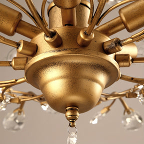 Ceiling light in antique gold with curved arms and crystal drops, perfect for vintage ceiling light fixtures