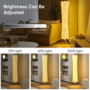 Lighting levels displayed at 30%, 60%, and 100% on a tall floor lamp with fabric shade and wood base, designed for adjustable ambiance