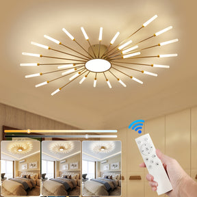 Adjustable lighting tones shown in a bedroom with a remote-controlled gold sputnik flush mount ceiling light