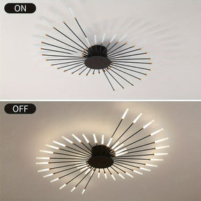 Dual view showing the black sputnik flush mount ceiling light turned on and off against a white ceiling