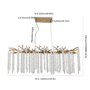 Gold crystal branch chandelier with measurement chart showing adjustable height and width