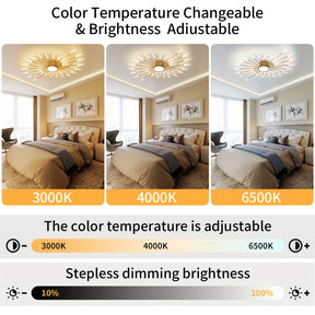 Gold sputnik flush mount ceiling light with adjustable brightness and color temperature shown across three lighting modes