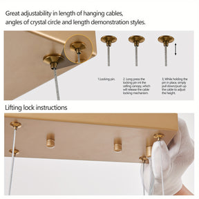 Adjustable cable system with lock for dining chandelier installation, allowing secure and flexible hanging height