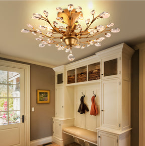 Installed in a cozy hallway, this gold light with crystal accents fits perfectly into vintage ceiling light fixtures