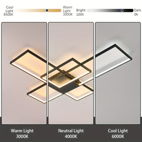 Ceiling mounted LED light shown in three parts with warm light, neutral light and cool light to demonstrate adjustable color temperature