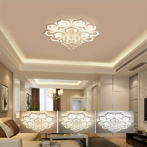 Crystal flower ceiling light mounted in a luxury interior, showing warm, soft white, and daylight glow modes with elegant room details