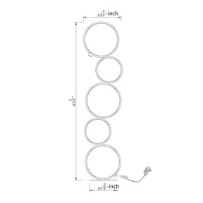Technical drawing of a circular floor lamp with five rings, showing detailed dimensions for height, width, and base diameter in inches