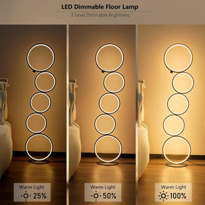 Three brightness settings displayed for a circular floor lamp with five glowing rings, featuring soft warm light levels