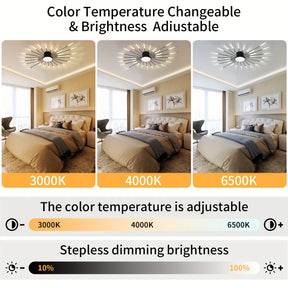 Bedroom setup showing the black sputnik flush mount ceiling light with adjustable brightness and color temperature