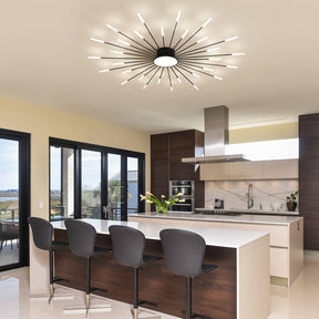 The black sputnik ceiling light for bedroom complements the kitchen and dining space with wood cabinets and large glass doors