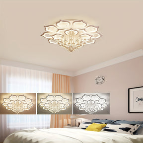 Graceful flower-inspired ceiling light with crystal drops, shown in a cozy bedroom featuring warm, neutral, and cool glow options