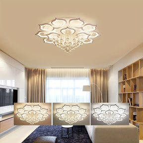 Stylish flower-style ceiling light with crystal accents, shown in a lounge area with warm, soft white, and daylight color settings