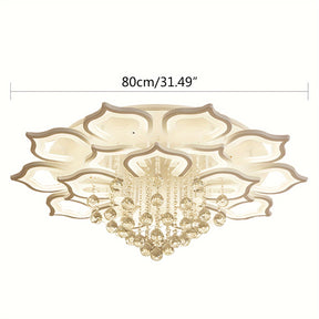 Flower-shaped LED ceiling light featuring crystal design, shown with measurement details for reference