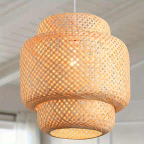 Detailed hanging view showing the woven shade design and warm glow of a natural pendant finished with a rattan ceiling light fixture