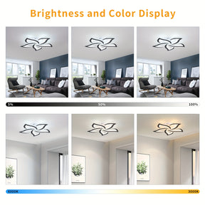 Brightness and color temperature variations shown for a curved LED ceiling light, featuring warm, neutral, and cool lighting modes