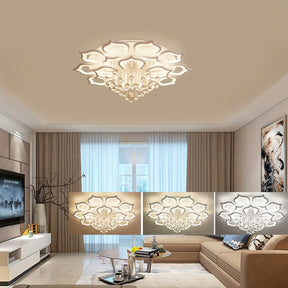 LED flower-shaped ceiling light with crystal accents shown in a bright living room, featuring multiple lighting color options for versatile ambiance