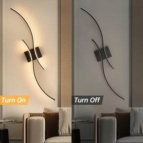 Curved LED wall light displayed in both on and off states, mounted above a modern seating space 