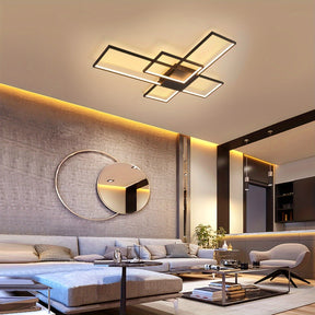 Installed in a modern living room, this ceiling light features a geometric LED design with coordinated contemporary decor